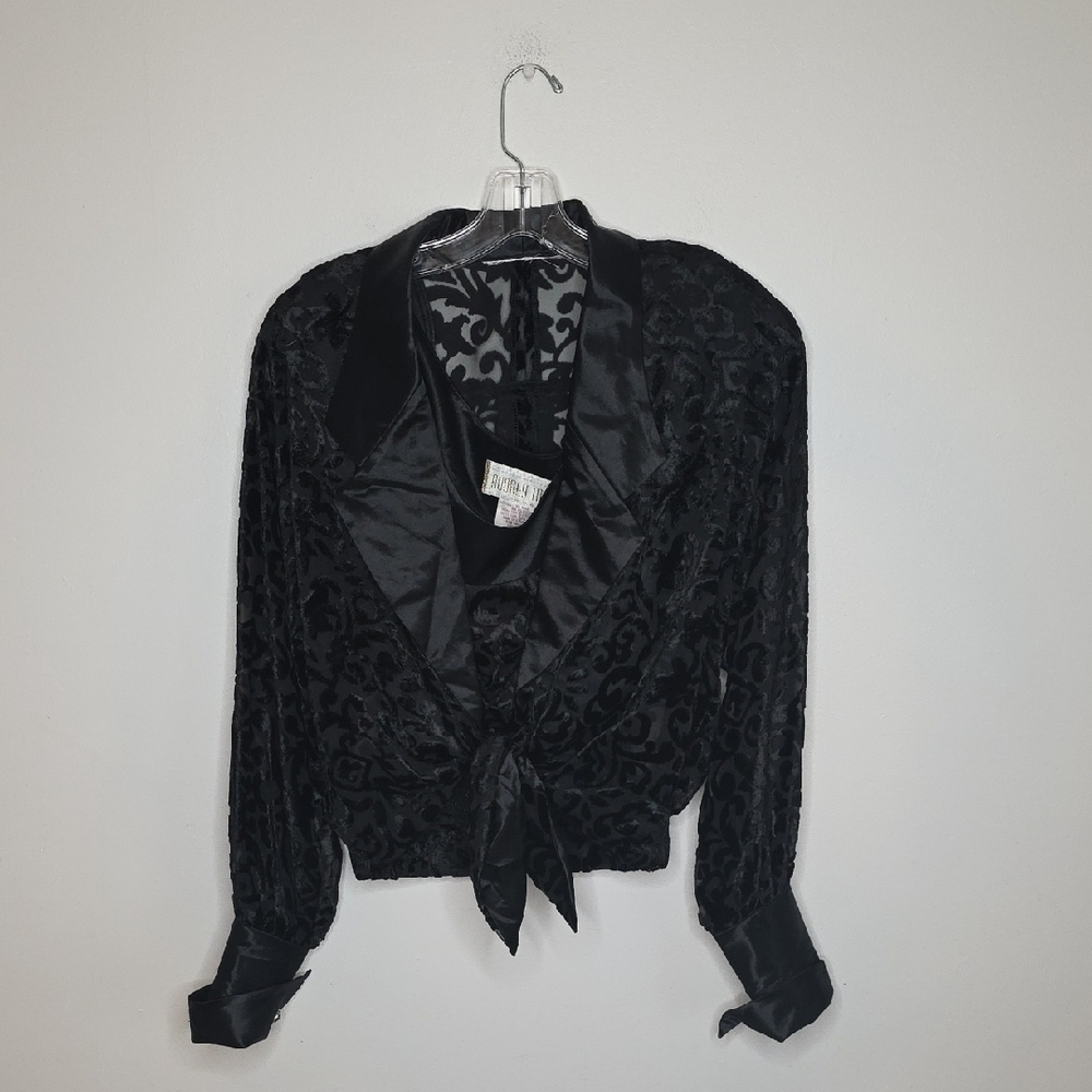 Audrey Ma Black Sheer 2 Piece Top Set Satin And Sheer Vintage 80s 90s - Picture 1 of 10